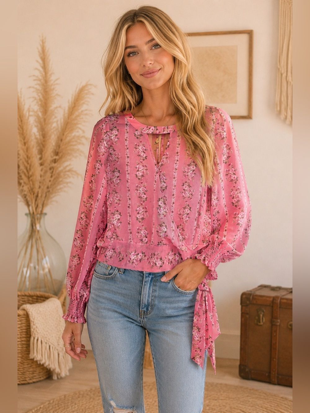 Soho Pink Floral Long-Sleeve Tie-Waist Blouse Boho Aesthetic